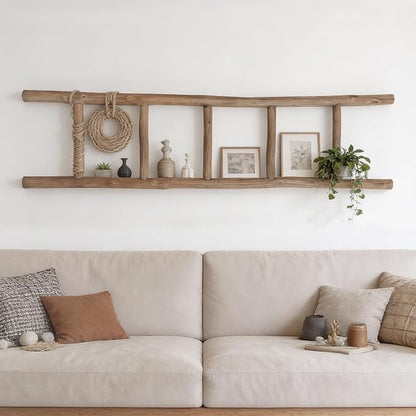Wooden Blanket Ladder Natural & Motley Wood - Leaning Wall Decor for Bedroom, Bathroom, Living Room - Rustic Quilt Holder & Towel Rack (Natural Wood Brown, 57in | Fully Assembled)