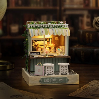 Miniature House Kit, CUTEROOM Tiny House Kit Wooden Dollhouse Kit Mini House Making Kit with Dust Cover, DIY Dollhouse Kit Birthday Gift (Dessert Time)