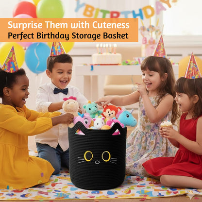 Nursery Storage Basket, 25L Large Woven Cotton Rope Baby Bin, Black Cat Design, Cutout Handles, Foldable, Washable, & Baby-Safe Organization for Kids Toy, Stuffed Animals, Laundry Hamper (Black Cat)