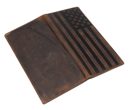 Genuine Leather Checkbook Cover For Men & Women Checkbook Holder Wallet RFID Blocking USA Series (USA Flag Brown)