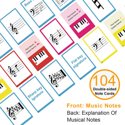Piano Staff Notes Flashcards and Piano Theory Chart，Color Coded Flash Cards for 104 Staff Notes - 104 Double-Side Note Cards - Fun Educational Flashcards for Piano, Music Learners