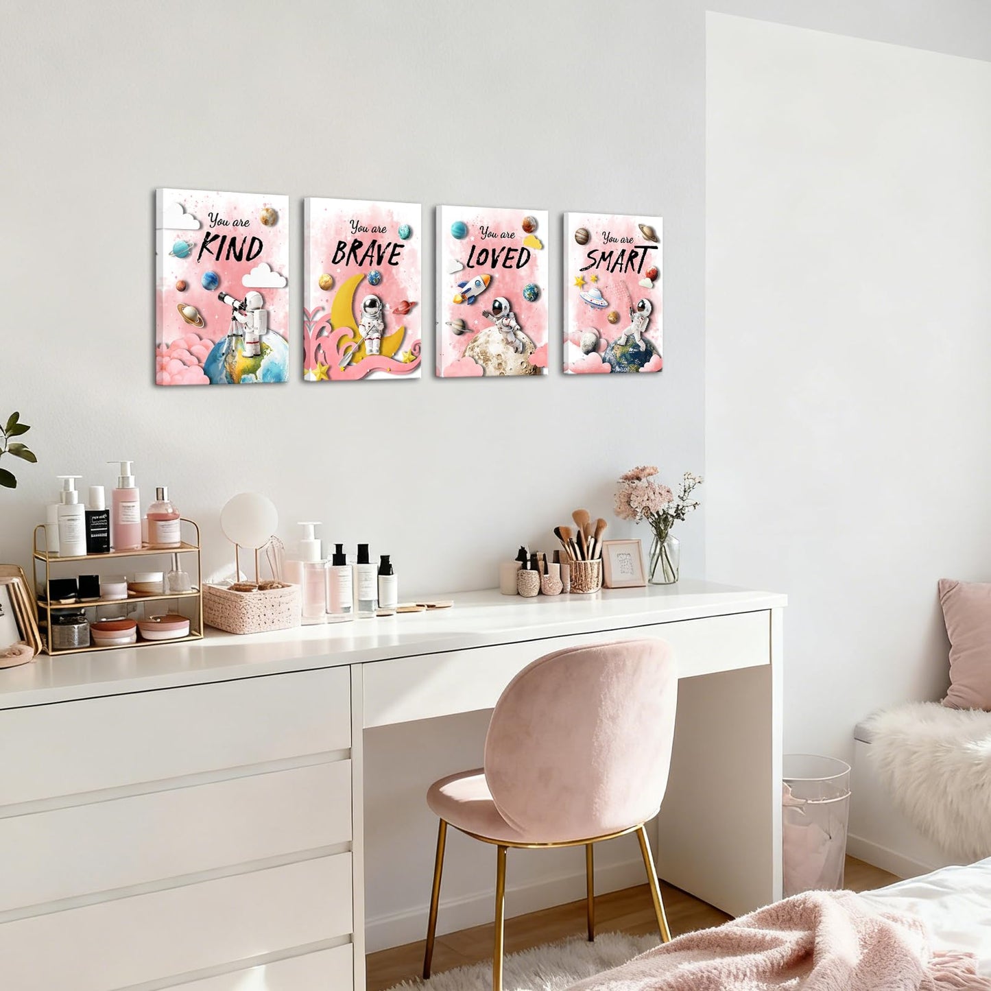 LoveHouse Space Wall Art Astronaut Kids Room Wall Decor Inspirational Quotes Canvas Prints Cosmic Painting for Nursery Classroom (Pink)