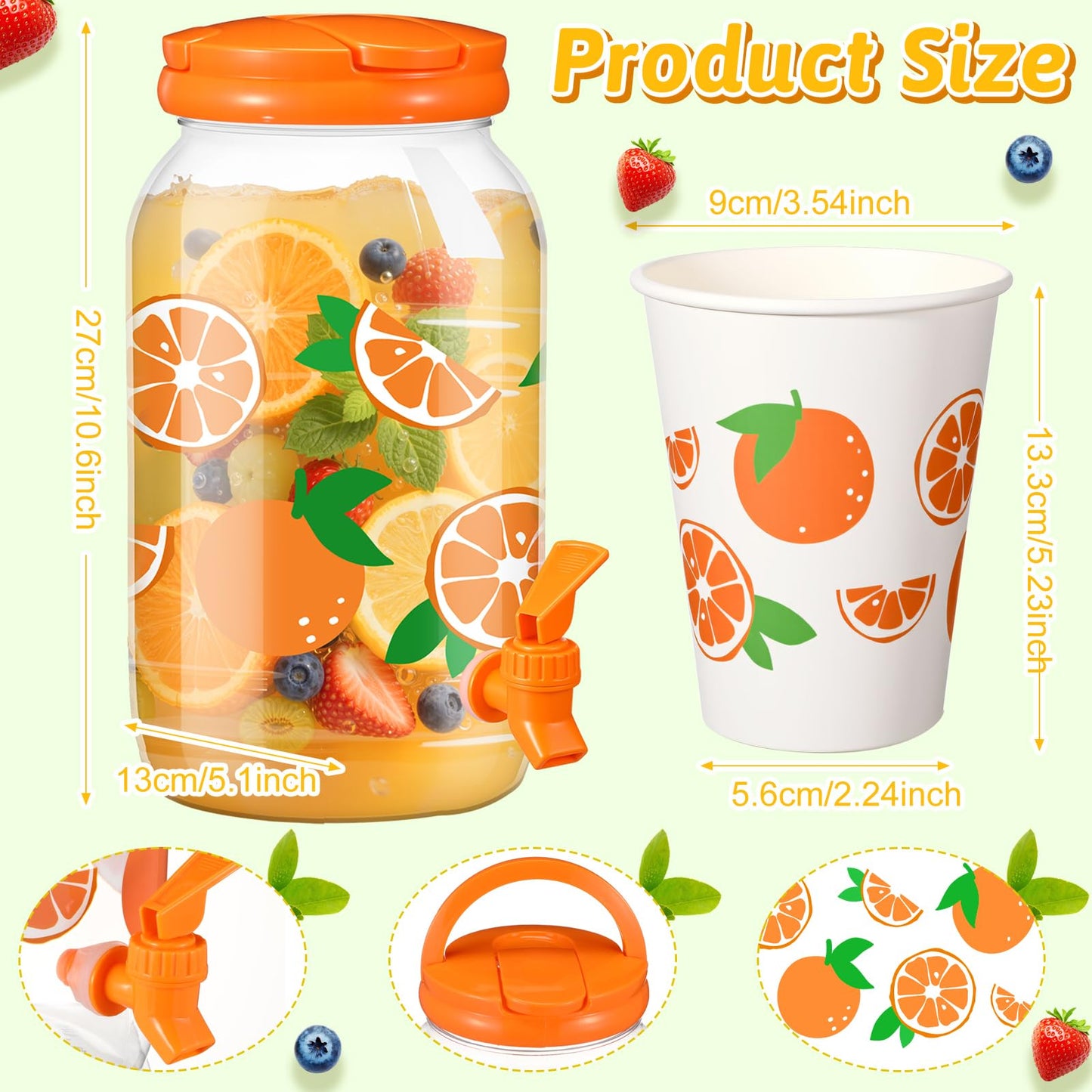 Umigy Tree Clear Plastic Drink Dispenser with 20 Pcs 12 oz Tropical Paper Cups 1 Gallon Kitchen Fridge Beverage Dispenser Plastic Water Dispenser with Spigot for Juice Tea Beer(Orange)
