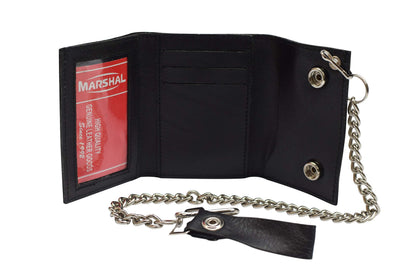 MARSHAL Men's Genuine Leather Black Trifold Wallet with Chain Biker Trucker Motorcycle (Eagle Black)