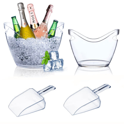 Mwellewm Beverage Tubs for Parties Plastic Ice Bucket for Cocktail Bar Clear Acrylic Wine Bucket with Scoops Drink Bucket Cooler for Chiller Bin for Champagne or Beer (8 L, 4 L)