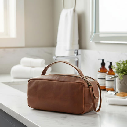 Handmade World Leather Toiletry Bag for Men - Genuine Full Grain Leather Dopp Kit “Golden Oak” - Large Travel Shaving Kit Organizer Grooming Bag
