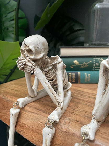 Kakeii Skull Statues Set Resin Skeleton Shelf Sitters Sitting Figurines for Home Bookshelf Table Ledge Edge Decorative, Crafts Ornaments Collectibles Statues for Skeleton Lovers Halloween Decor (3Pcs)