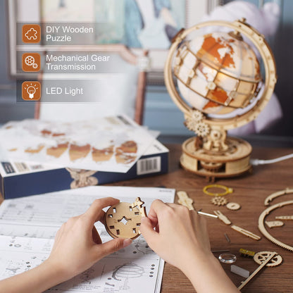 ROBOTIME 3D Wooden Puzzle for Adults- Luminous Globe ST003 - Wooden 3D Puzzles for Adults with LED Light - Globe Model Building Kit for Teens & Adults