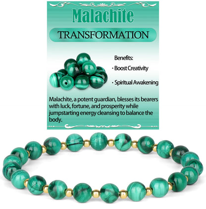 QOGIR Malachite - Transformation - 14K Gold Plated Beads Natural Gemstone Stretch Elastic Dainty Healing Beaded Bracelets Gifts 6mm