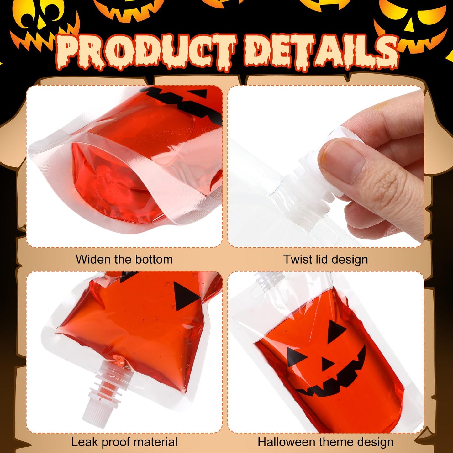 Widecook 28 Pcs Halloween Drink Pouches Reusable Pumpkin Blood Bags for Drinks Plastic Flasks with Funnels Juice Cups Pouches for Halloween Party Prop Decoration Favor