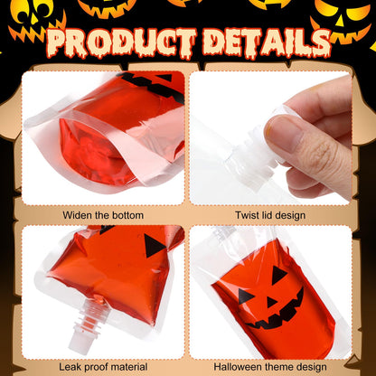 Widecook 28 Pcs Halloween Drink Pouches Reusable Pumpkin Blood Bags for Drinks Plastic Flasks with Funnels Juice Cups Pouches for Halloween Party Prop Decoration Favor