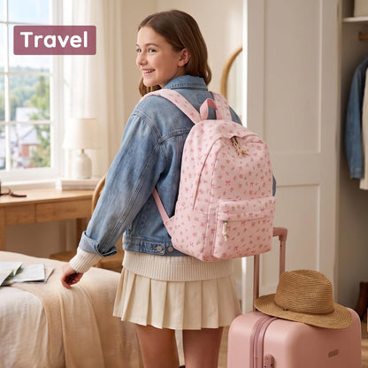 BTOOP School Backpack for Girls Teens Large Corduroy Bookbag Lightweight Casual High School College Backpacks 17 inch Laptop Travel Bag (Pink Bow Floral-1)