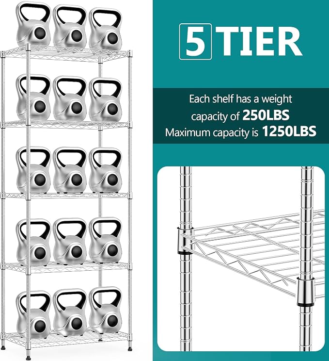 IZEUK 5-Tier Chrome Metal Storage Shelves, Adjustable Wire Shelving Unit for Kitchen, Bathroom, Pantry, Office, Garage, Organizer Wire Rack, 1250 lbs, 13.7" D x 23.6" W x 63" H