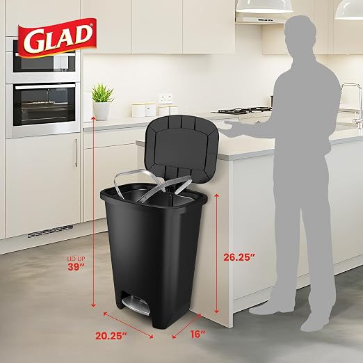 Glad Premium 20 Gallon Trash Can with Clorox Odor Protection | Plastic Kitchen Waste Bin | Hands Free with Stainless Steel Foot Pedal and Garbage Bag Rings, Black