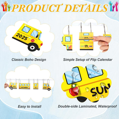 Containlol School Bus Calendar Bulletin Board Set Flip Calendar for Classroom Teacher Adjustable with 54 Yellow Week Month Day Year Cards Rod O-ring for Back to School First Day Elementary Wall