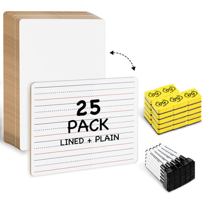 Ohuhu 25 Pack Lined/Plain Dry Erase Boards - 9"x12" Double-Sided White Board Class Set - Includes 25 Mini Whiteboards 25 Black Markers and 25 Erasers for Classroom School Office Students Teachers