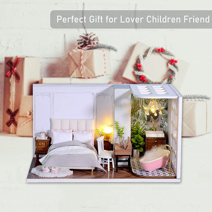 CUTEROOM DIY Doll Room Miniature Furniture Wooden House Kit - Wooden Dolls House Kit with Dust Cover & LED Light and Accessories - QT Series Dollhouse (QT011)