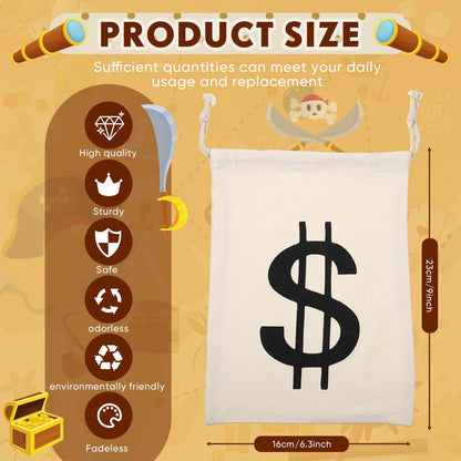LEIFIDE 4 Pcs Canvas Money Bag Pouch with Drawstring Dollar Sign Carrying Sack Costume Props Canvas Coin Bag for Halloween Cosplay(6.3 x 9 Inch)