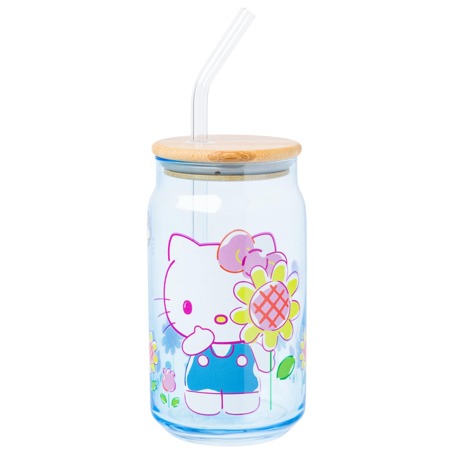 Silver Buffalo Sanrio Hello Kitty Floral Glass Tumbler with Bamboo Lid and Glass Straw, 16 Ounces