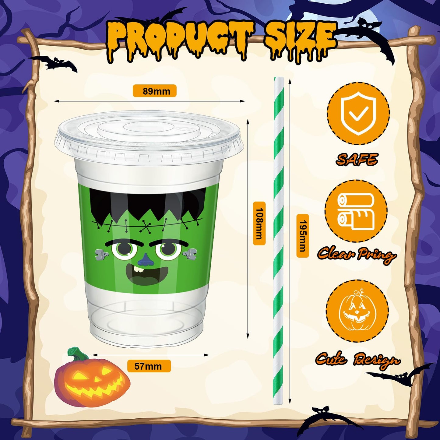 Jingmore 24 Sets 12 oz Halloween Gifts Cups Set Halloween Goodie Candy Bags with Card Ribbon and OPP Bags Disposable Plastic Clear Cups with Lids and Paper Straws for Treat Party Favor Supplies