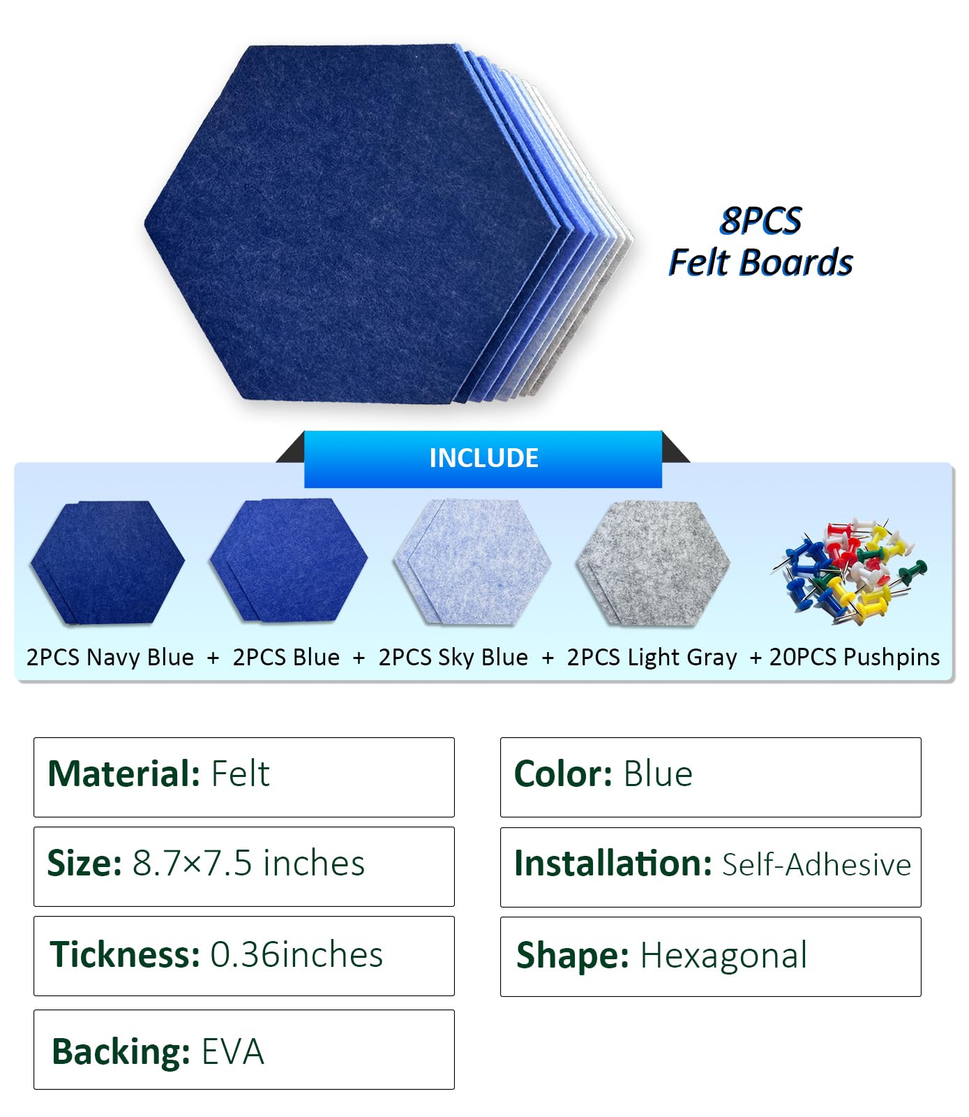 Hexagon Felt Bulletin Board Tiles, 8 Pcs, 8.7 x 7.5 inches, with 20 Pushpins, for Easy Display of Photos Pictures Memos Notices, Felt Wall Tiles for Office Home Classroom (Blue)