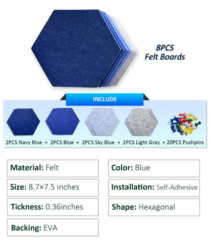 Hexagon Felt Bulletin Board Tiles, 8 Pcs, 8.7 x 7.5 inches, with 20 Pushpins, for Easy Display of Photos Pictures Memos Notices, Felt Wall Tiles for Office Home Classroom (Blue)