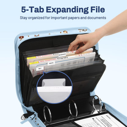 SUNEE Zipper Binder 3 Ring, 3 Inch O-Ring with Handle and Shoulder Strap, 600-Sheet Capacity, 5-Tab Expanding File Folder, Multi-Pockets for Middle School Organizer Binder with Zipper, Blue Dog