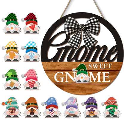 Interchangeable Seasonal Gnome Sweet Gnome Hanging Sign - Farmhouse Front Door Decoration for Spring All Seasons Holidays - Rustic Round Wood Wreaths with 12 Icons(Orange)