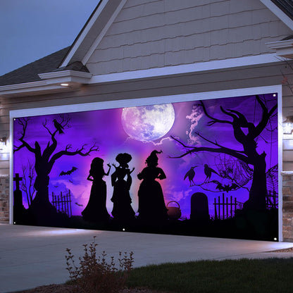 7 x 16 Ft Halloween Garage Door Cover Decorations Outdoor, Large Hocus Pocus Witches Silhouette Decor, Scary Double Garage Buddy Halloween for Home Wall Window Patio Yard Outside