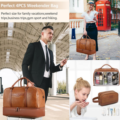 Wogarl Weekender Bag for Women: 4PCS Faux Leather Large Overnight Travel Duffel with Shoe Compartment & Toiletry Satchel Bags Carry On Duffle Fit 21" Laptop (Light Brown)