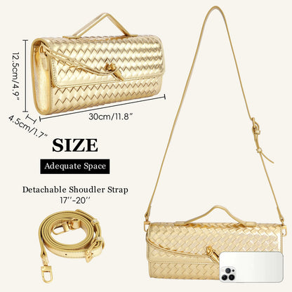 EGCUQ PU Leather Woven Gold Purse,Wedding Clutch,Woven Gold Clutch Purses For Women 11.8" x 1.7" x 4.9"