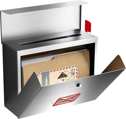 Stainless Steel Wall-Mount Mailbox for House,Rust-Proof Metal Mail Boxex, Large Capacity Post Box,Mailboxes for Outside(Rectangle with Lock)