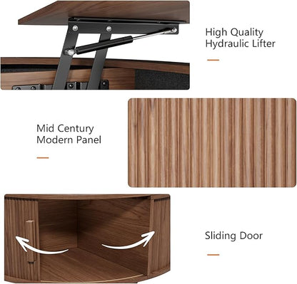 Round Lift Top Coffee Table, Mid Century Modern Fluted Circle Coffee Table with Hidden Storage Compartment, Wooden Center Table with Open Shelf for Living Room, Small Space, Walnut
