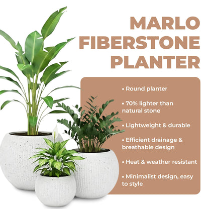 DEPLA LANE Marlo Fiberstone Round Planter (8.5" Pot Opening x 12..6"D x 9.8"H) Ribbed Finishes, Lightweight, Durable, UV Resistant, Modern Minimalist Home Decor, Indoor Outdoor Pot (S, Ribbed White)