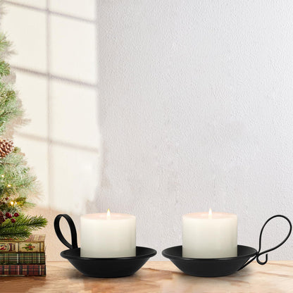 Matte Black Iron Candle Holder with Handle, 2pcs Iron Pillar Candle Holders with Safety Spike for Pillar/Ball Candles, Table Centerpiece Decoration