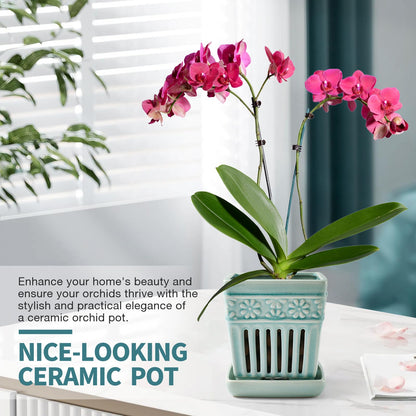 SUADEN Orchid Pots with Holes | 5" Ceramic Orchid Planter with Separate Saucer and Drainage Holes | Crackle Glazed Pottery Small Flower Pot for Repotting Orchids（Blue）