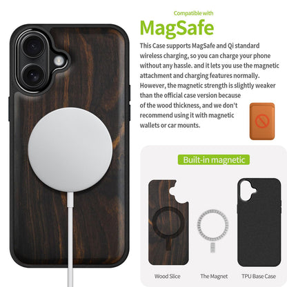 Carveit Magnetic Wooden Case for iPhone 17 Case, Wood Artisan Engraved & Black Soft TPU Shockproof Cover, Compatible with MagSafe Wireless Chargers (Natural Grain) Blackwood