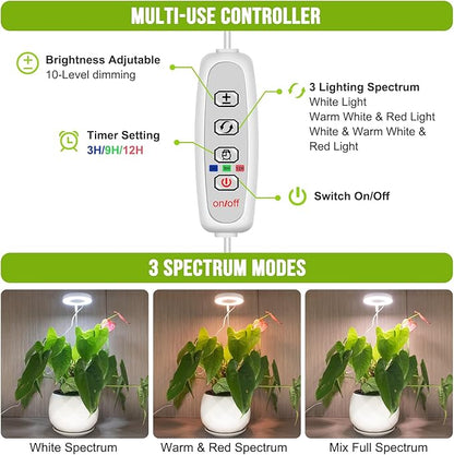 Kullsinss Grow Lights for Indoor Plants, 48 LEDs Full Spectrum Halo Plant Light for Indoor Plants, Height Adjustable Growing Lamp with Detachable Base, 3/9/12Hrs Timer, 10 Brightness, 3-Pack