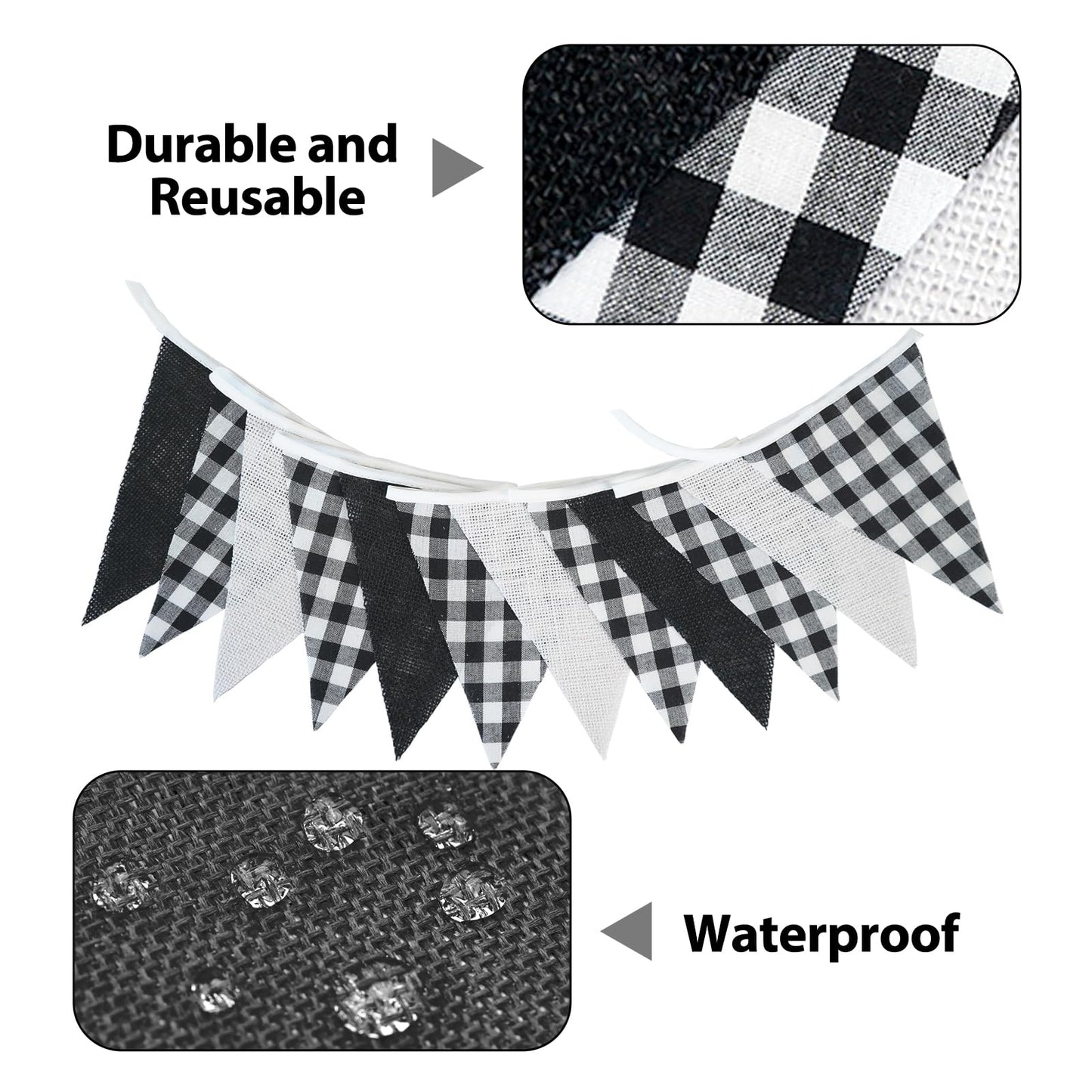 G2PLUS Black and White Gingham Fabric Bunting Banner, 32Ft Cotton Burlap Triangle Garland for Soccer Party, Game Day, Racing Car Party, Birthday, Graduation & Outdoor Decorations