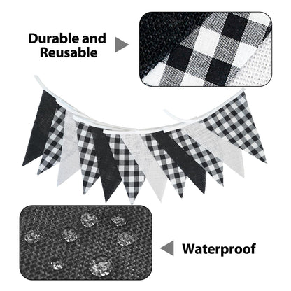 G2PLUS Black and White Gingham Fabric Bunting Banner, 32Ft Cotton Burlap Triangle Garland for Soccer Party, Game Day, Racing Car Party, Birthday, Graduation & Outdoor Decorations