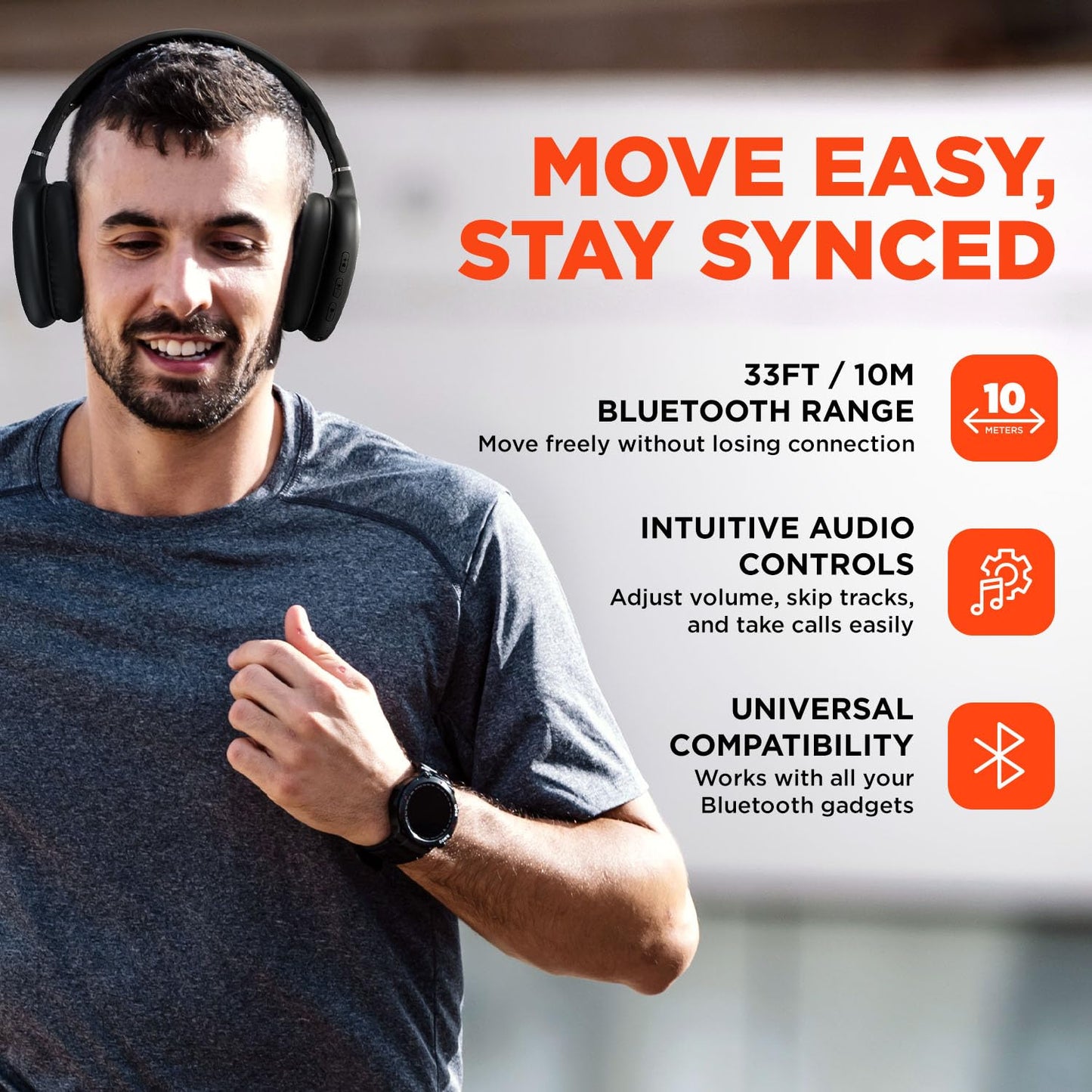 HyperGear Wireless Headphones Bluetooth Black- Noise Isolation Headphones Wireless Over the Ear Head Phones, Gym Headset Built-in Mic Controls Square Foam Cups Foldable Headphone for Women and Men