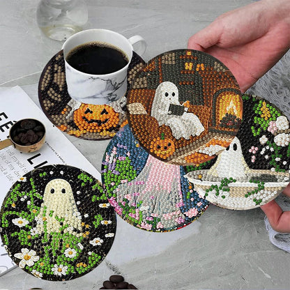 ijbnhd 8 Pack Halloween Diamond Art Coasters Kits, Halloween Diamond Painting Coasters Kit with Holder, DIY Ghost Diamonds Art Non Slip Coaster Crafts Kits for Adults Gifts 4x4 inch (Cork Wooden Pad)