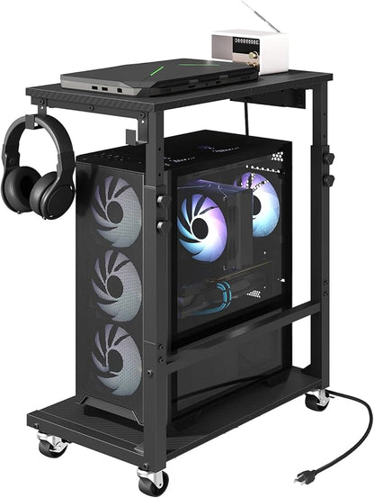 Computer Tower Stand with Power Outlet, Mobile PC Stand for Floor, Height Adjustable PC Holder Cart Under Desk, 26.6"-32.7" H, for Home Office, Gaming Room, Black PCHS215E01