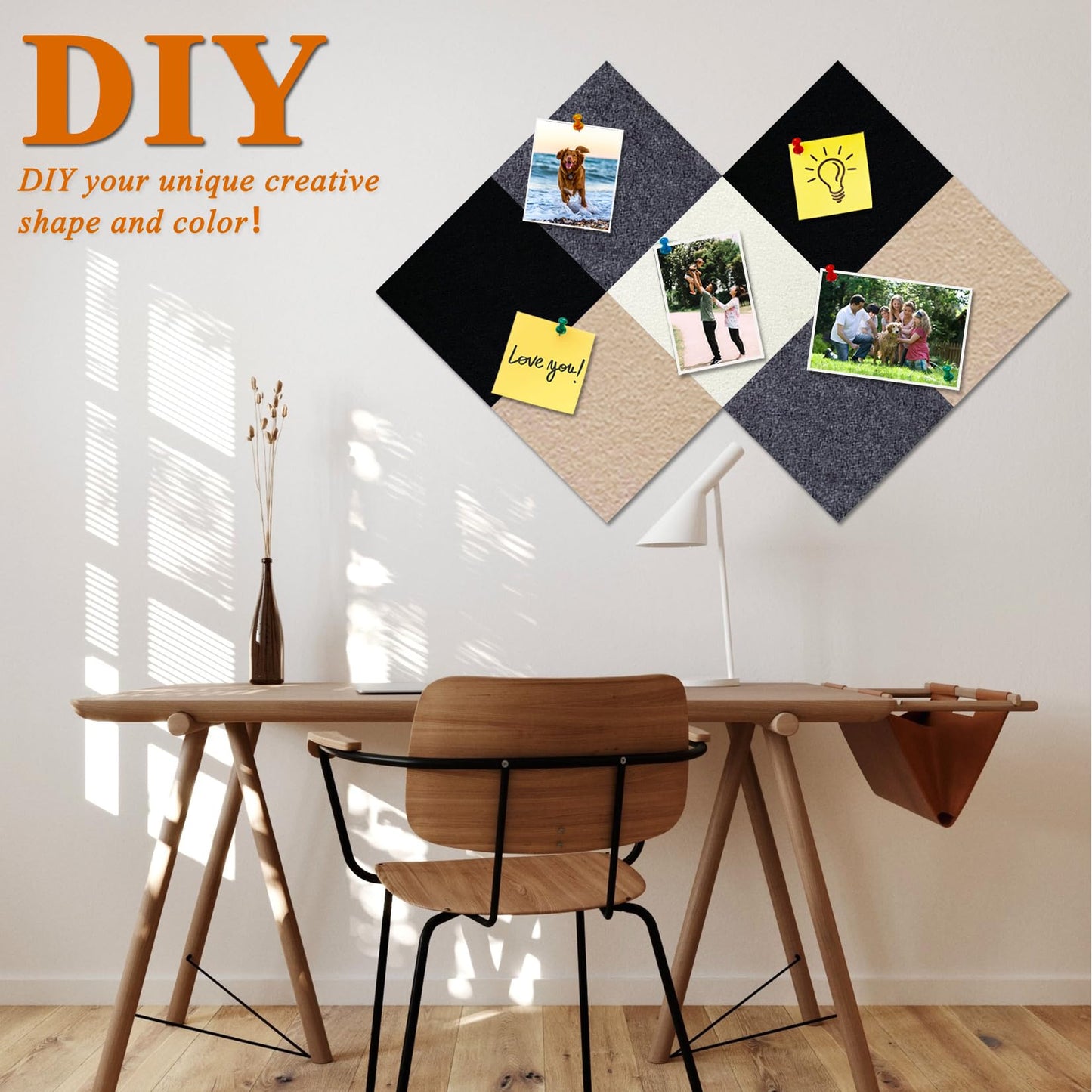 HULAVO Square Felt Cork Bulletin Board Tiles, Self Adhesive DIY Felt Pin Board for Wall 30" x 20" with 35 Pushpins for Office School Home Wall Decor Stickers Memos Photos Display (Gradual Grey& Camel)