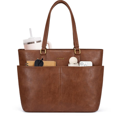 LOVEVOOK Work Tote Bags for Women, Vintage Leather 15.6 Inch Laptop Bag with Large Cup Holder, Teacher Nurse Medical Professional Computer Bag, Office Briefcase Handbag Gift