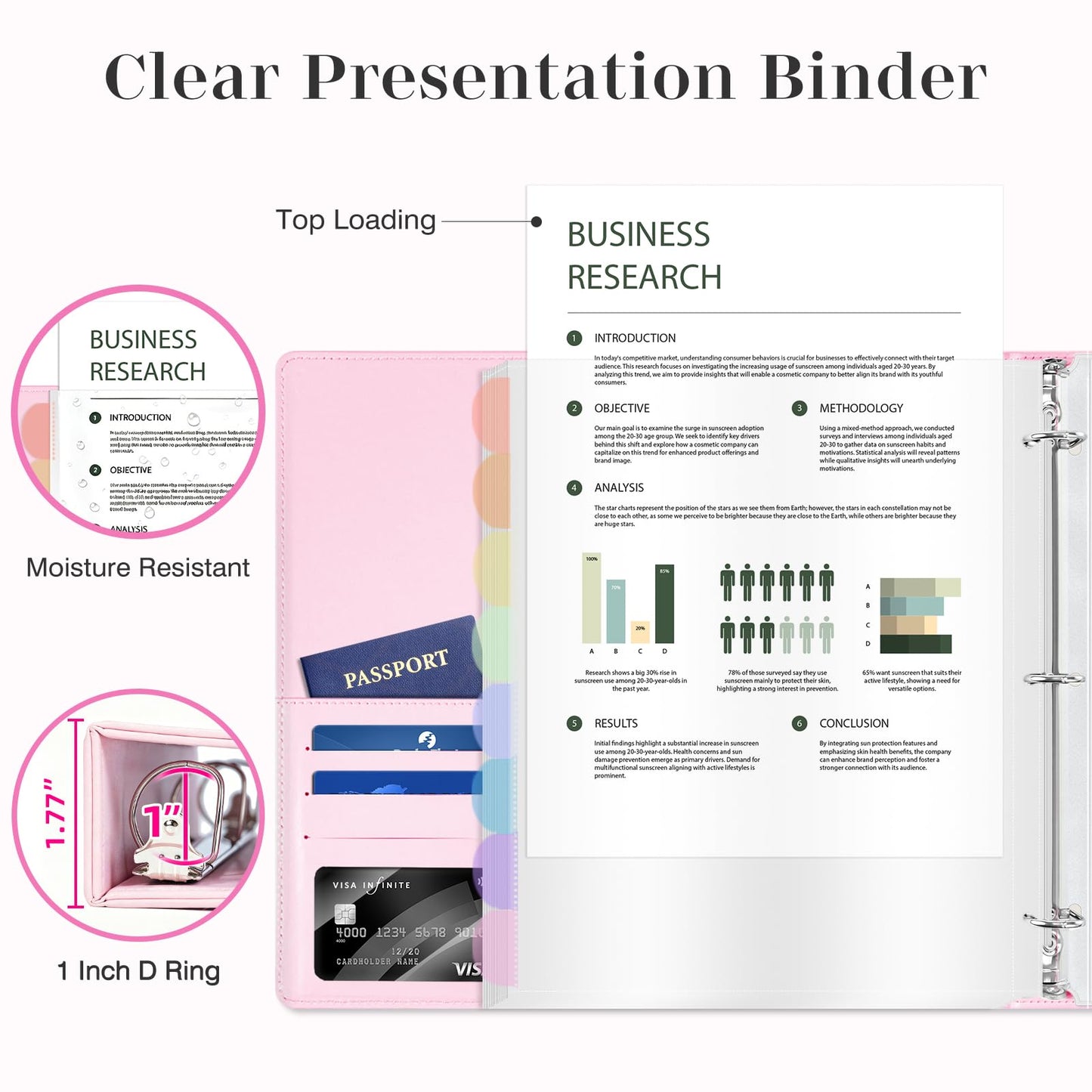 Ospelelf Leather Binder with 58 Plastic Sleeves, 3 Ring Presentation Binder for 8.5x11, Portfolio Organizer with 8 Tabbed Sleeves & Zipper Pocket for Documeents, Artwork, Certificates Pink
