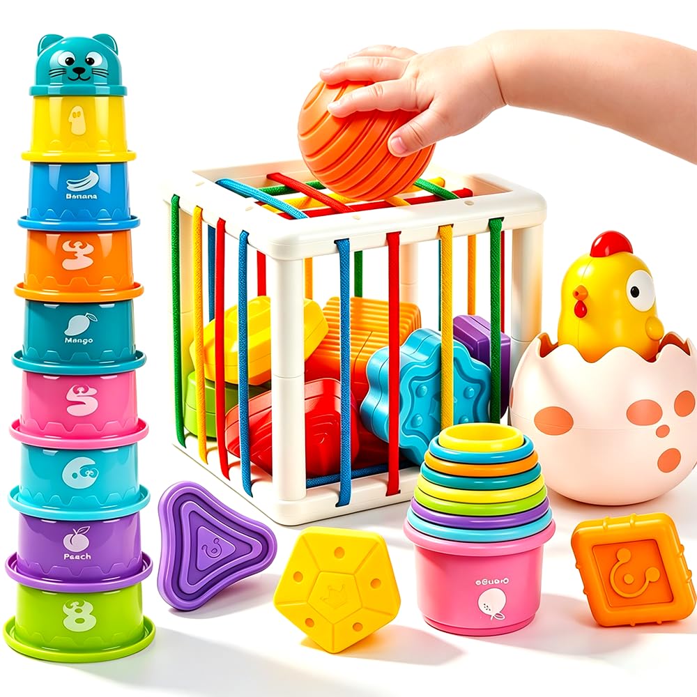 Caiery 4 in1 Montessori Toys for 1 Year Old,17 Pcs Boys Girls 1st Birthday Gifts, Stacking Cups,Shape Sorter,Multi Sensory Shapes for Babies Early Educational Baby Travel Toys for Toddler 6-12 Months