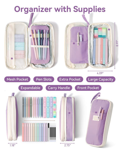 Four Candies 39PCS Cute Aesthetic School Supplies with Pen Case, Stationery Set for College & Nursing School Essentials, 12 Highlighters, 5 Gel Pens, 6 Mechanical Pencils, Purple