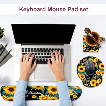 Keyboard Wrist Rest and Mouse Wrist Rest Pad with Cup Coaster,Made of Memory Foam,Ergonomic Support,Easy-Typing and Pain Relief,for Gaming Office Home Computer,You are My Sunshine Sunflower