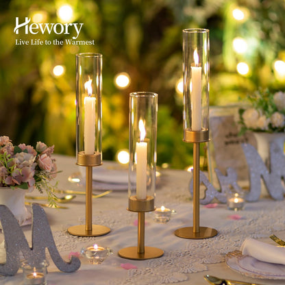 Hewory Gold Candle Holders, 3Pcs Brass Candle Stick Candelabra with Glass Candle Cover for Wedding Table Centerpiece Christmas Decor